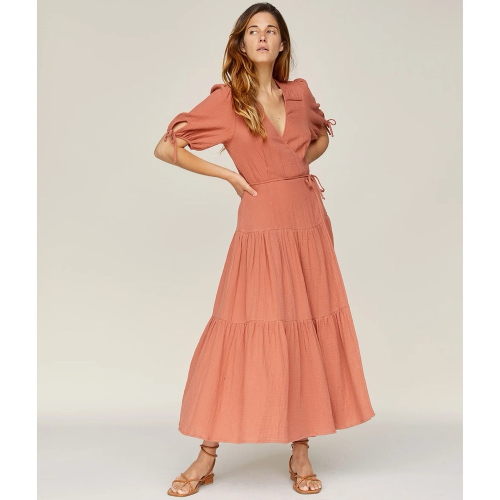 Christy Dawn The Augusta Midi Dress (Sz S) Short Puff Tie Sleeve Wrap Rust - Picture 3 of 16